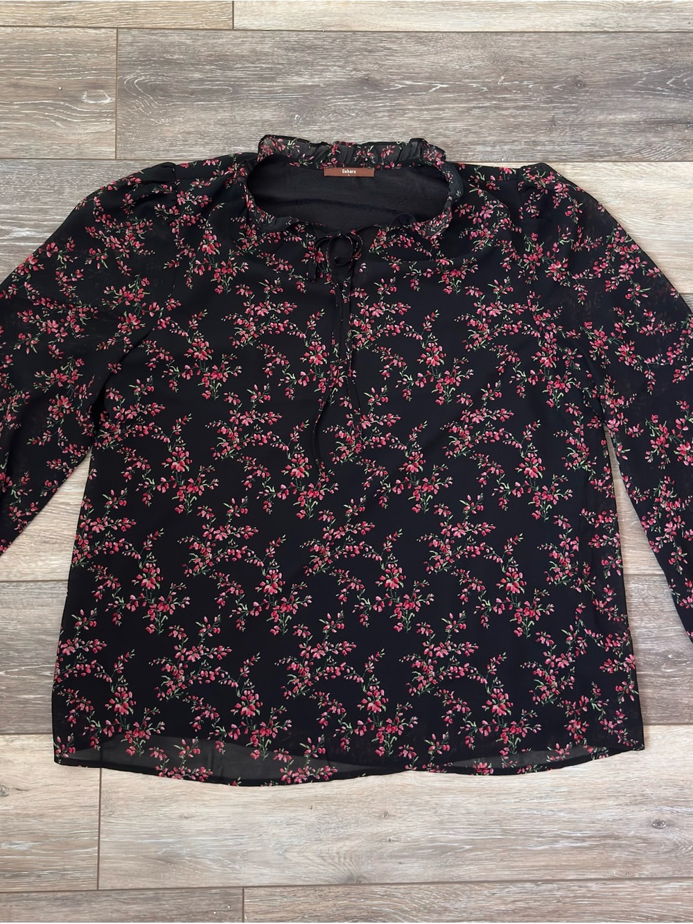 Women's Black Floral Tie-Neck Blouse